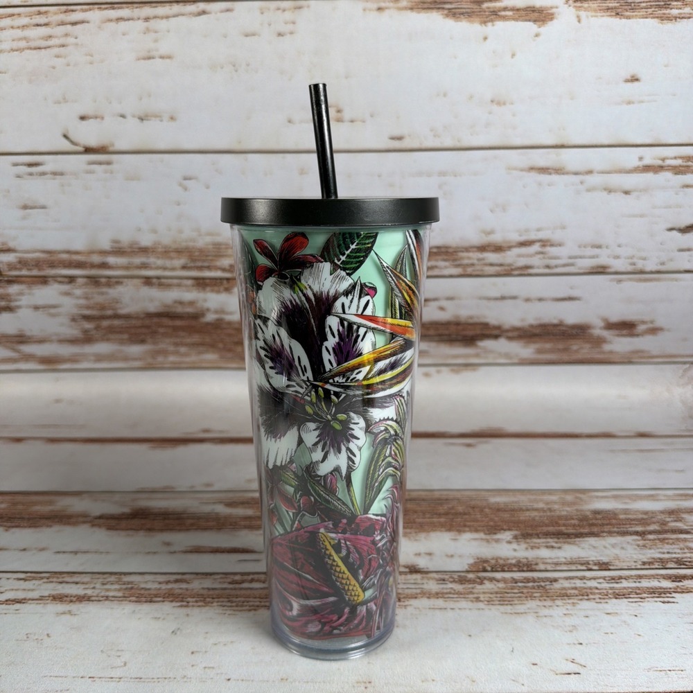 Starbucks Green Floral 24oz Plastic Tumbler Cup With Lid & Straw - Picture 4 of 6